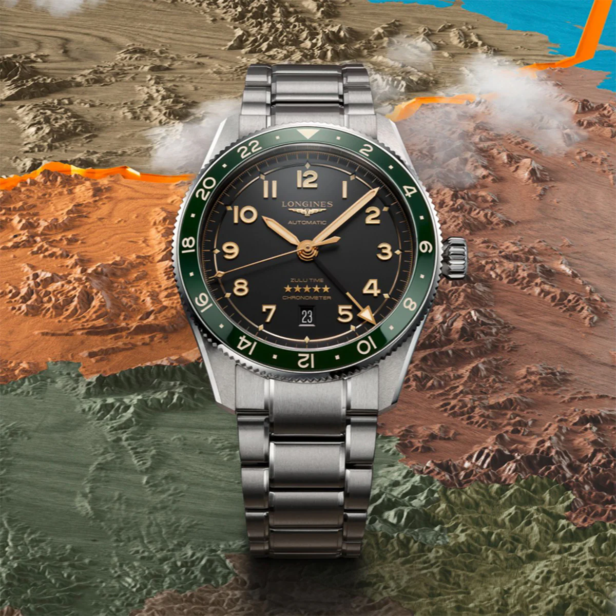 Longines - Spirit Zulu Time GMT 42 mm Green Bezel Anthracite Bracelet - L38124636 - Image 5